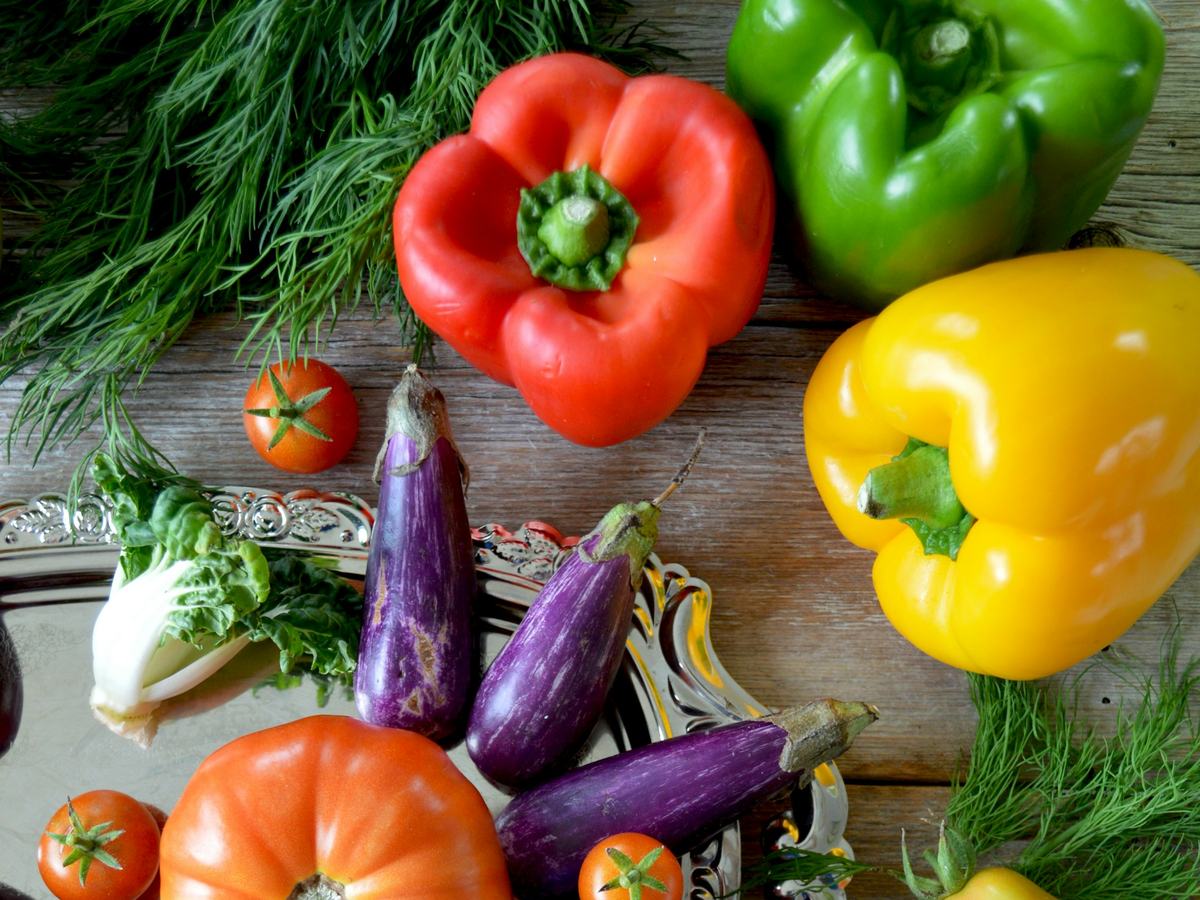 Bell peppers, eggplants, tomatoes and fresh dill